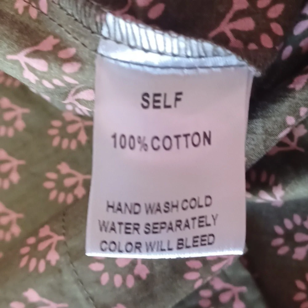 Avara Olive Green Pink Floral Long Balloon Sleeve Top, Split Neck Button Placket
